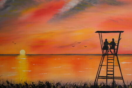 Lifeguard stand sunset 18 x 24 oil