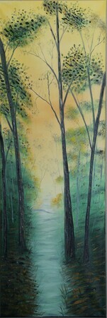 Through the Woods 12 x 36 oil sold